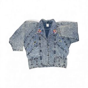 Vintage 80s 90s Stylish Blue Denim Jacket with Beads in spiderweb pattern